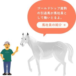 ゴールドシップ産駒の引退馬が馬社員として働いとるよ。馬社員の紹介